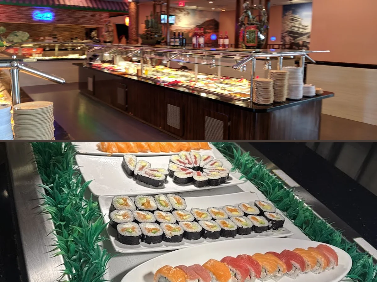 Buffet trays arranged behind a serving counter.