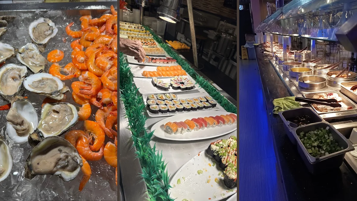 A salad bar with rows of fresh dishes.