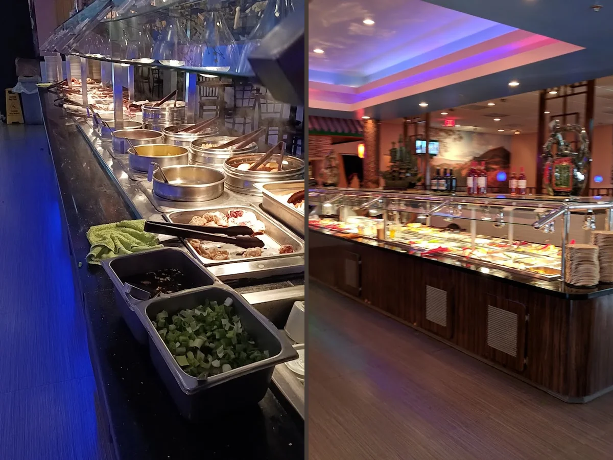 Indoor seating beside a busy buffet line.